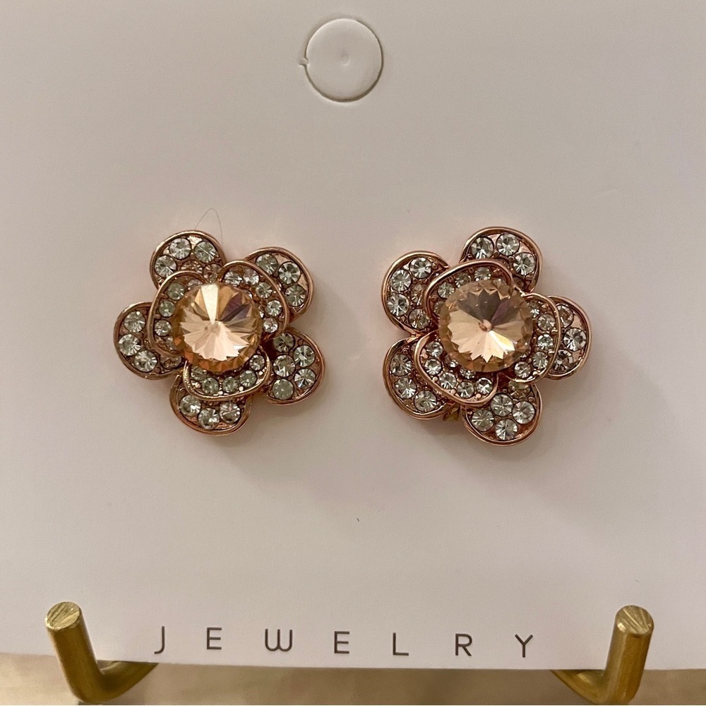Rose Gold Earrings w/ Peach Champagne & White Swarovski Crystals